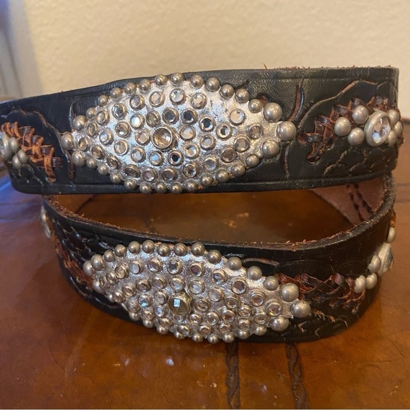 Women Brown Leather Embellished Rhinestone Bling Belt Size Large-Made in Mexico - Picture 2 of 10